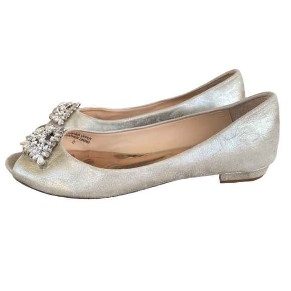 Badgley Mischka Taft Metallic Leather Rhinestone Open Toe Flat Size 8 Platino - Picture 5 of 16